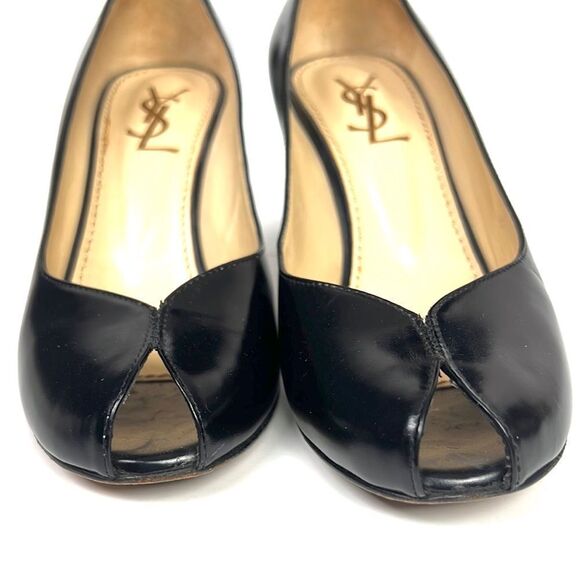 YSL Yves Saint Laurent Black Leather Peep Toe Heels Shoes - Picture 8 of 15